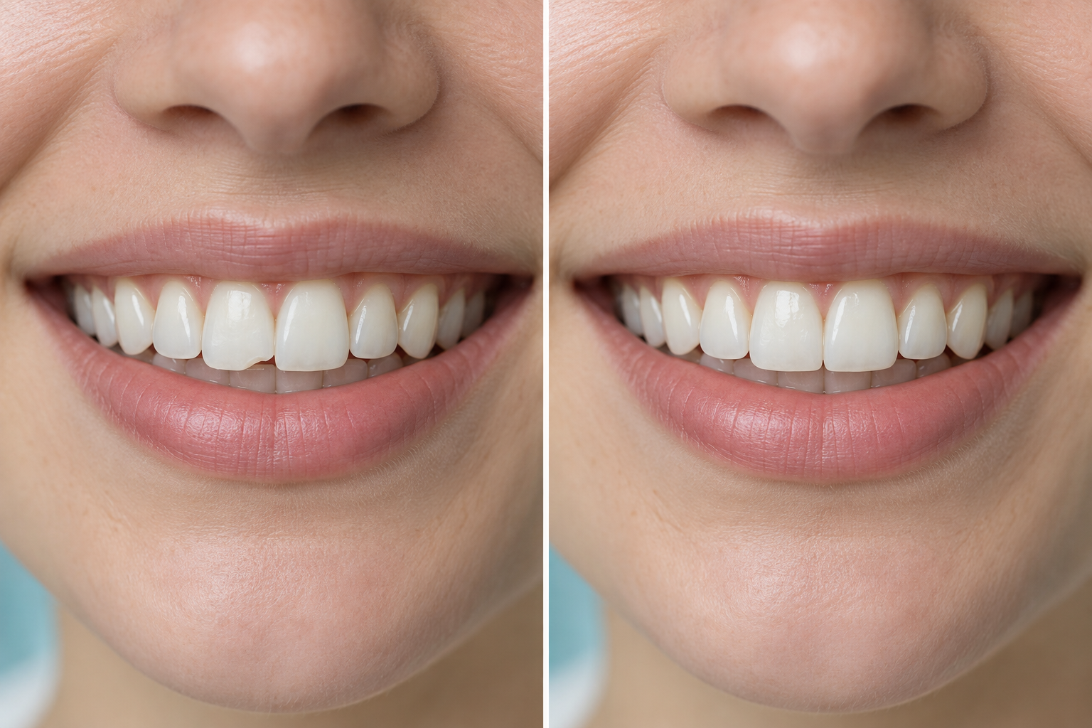 AI-generated before-and-after smile visualization for a fictional cosmetic restoration case